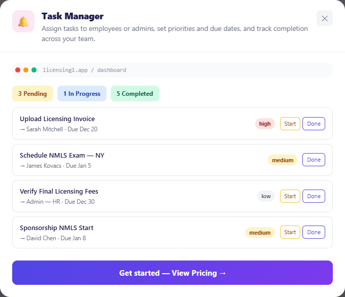 Task manager with pending, in-progress and completed counts and a list of tasks with owner, due date and priority