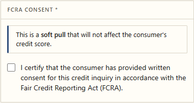 The FCRA consent panel on the order form: a note that this is a soft pull that will not affect the consumer's score, and the consent checkbox