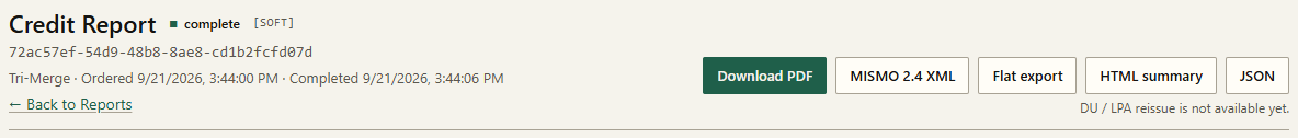 A report's header with its export buttons: Download PDF, MISMO 2.4 XML, Flat export, HTML summary and JSON