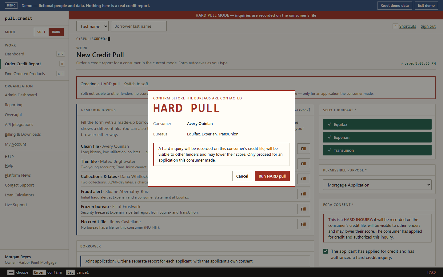 The same form in hard mode with a red banner, and a confirmation dialog naming the consumer and bureaus and warning that a hard inquiry will be recorded before the bureaus are contacted