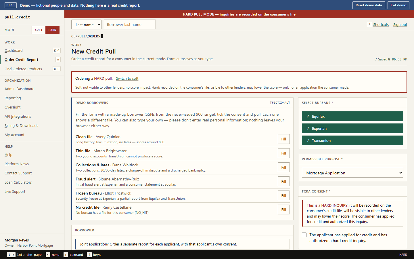 The order form after switching to hard mode: a red banner reading HARD PULL MODE, the HARD toggle lit in the sidebar, a link to switch back to soft, and the hard-inquiry consent text