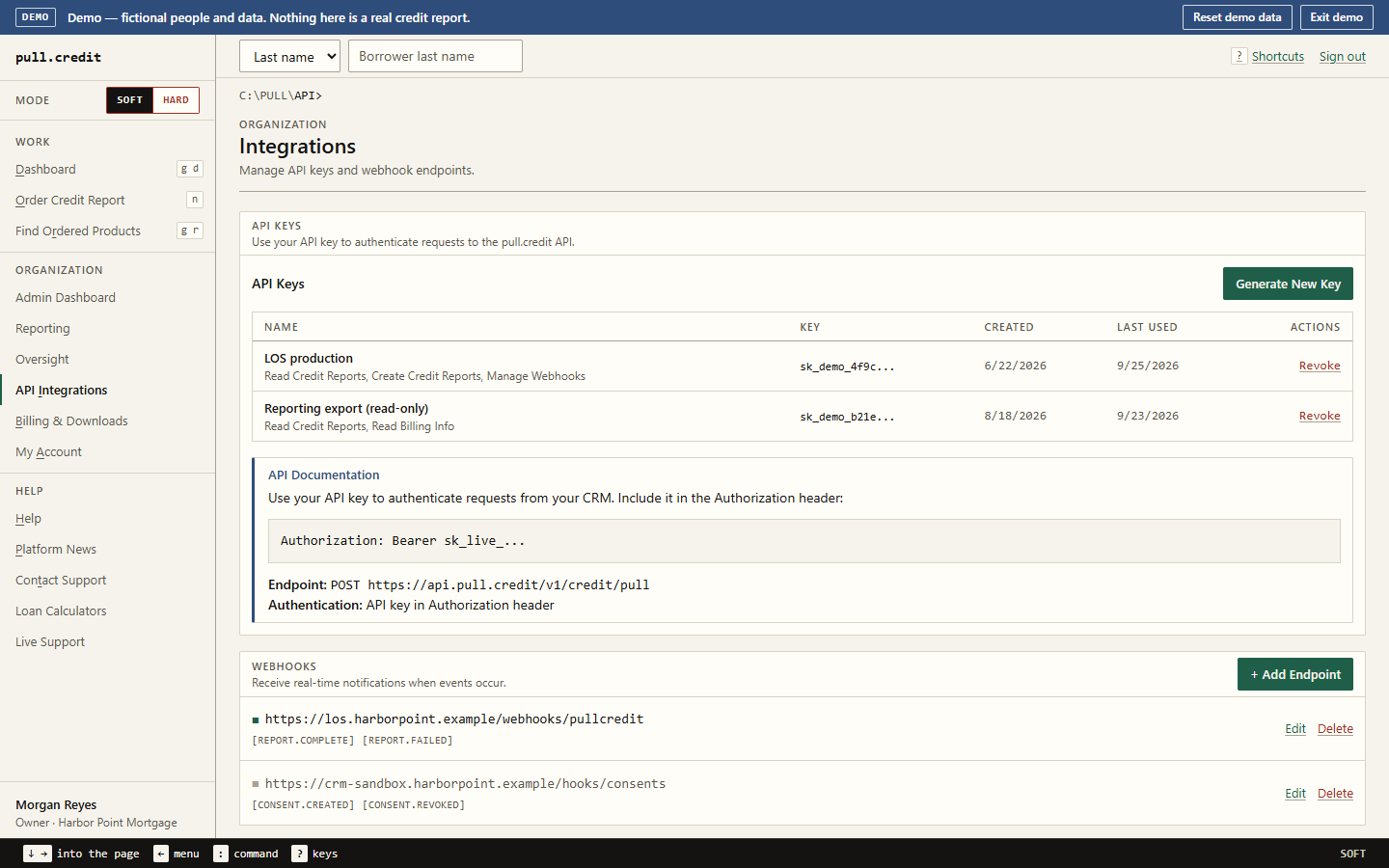 Integrations page listing API keys with their scopes, created and last-used dates, the API authorization header and endpoint, and webhook endpoints subscribed to report and consent events