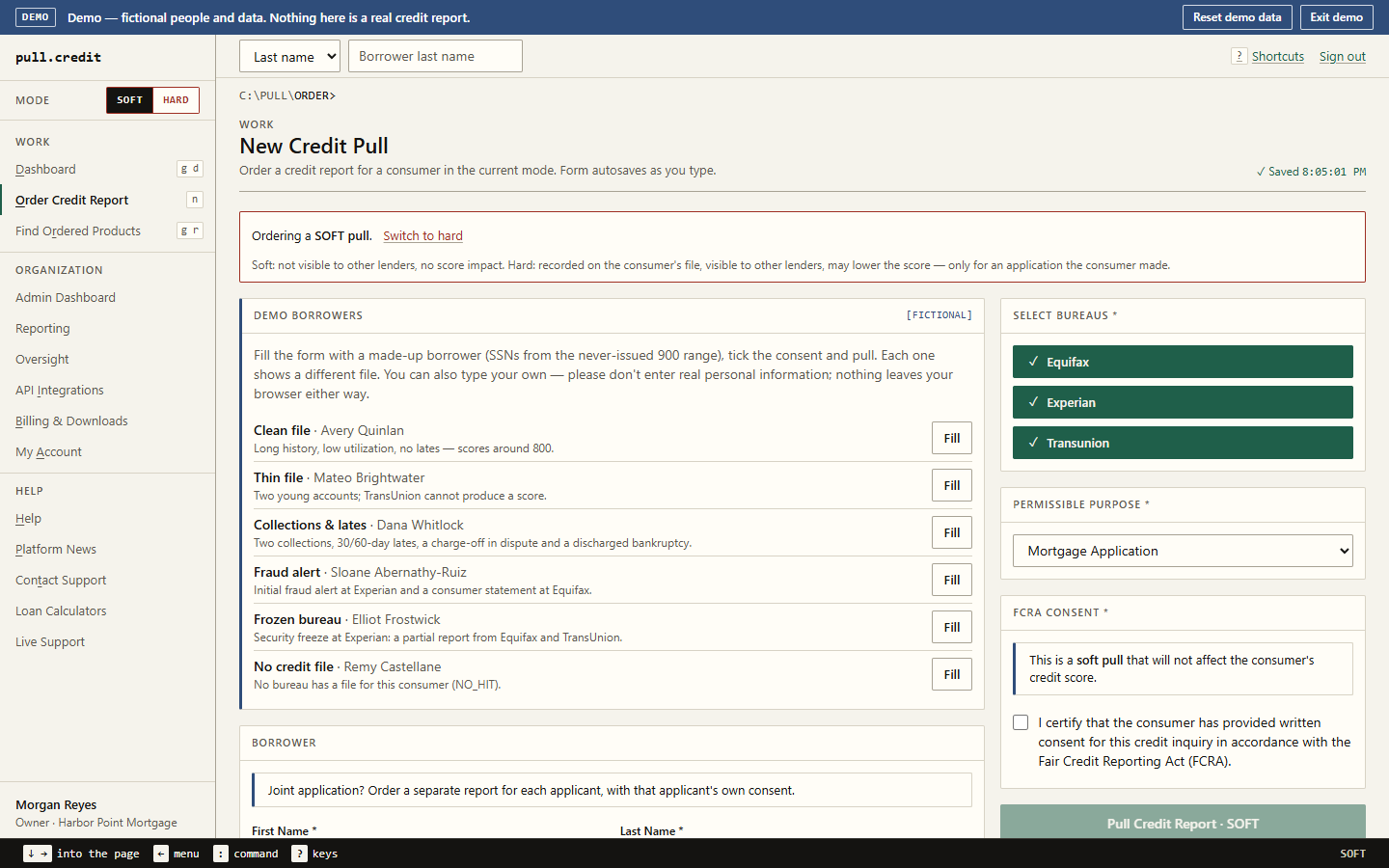 New credit pull form in soft mode with sample borrowers to fill, bureau selection for Equifax, Experian and TransUnion, a permissible purpose selector and the FCRA consent checkbox