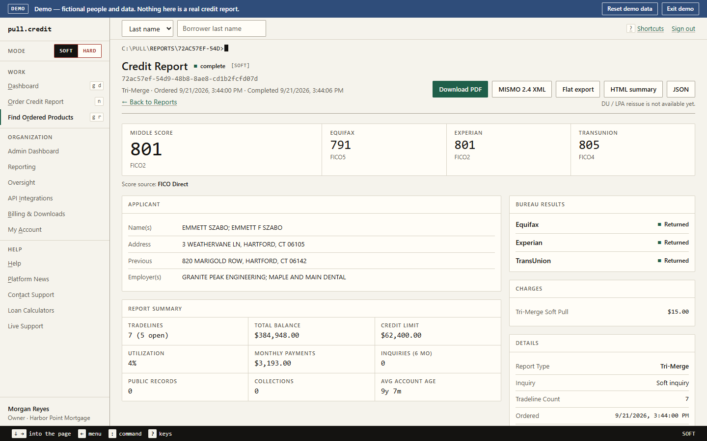 A completed tri-merge credit report: middle score 801 with each bureau's score and FICO model, applicant details, a report summary of tradelines, balances and utilization, and export buttons for PDF, MISMO 2.4 XML, flat file, HTML and JSON