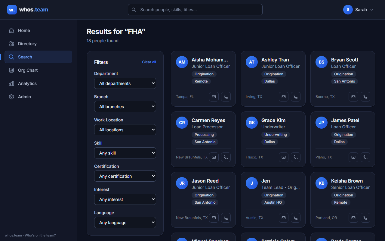 whos.team search results for FHA, with department, branch and certification filters